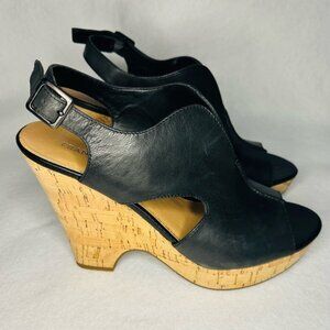 Franco Sarto Gabriel Black Open Toe Ankle Strap‎ Leather Slingback Heel Size 10